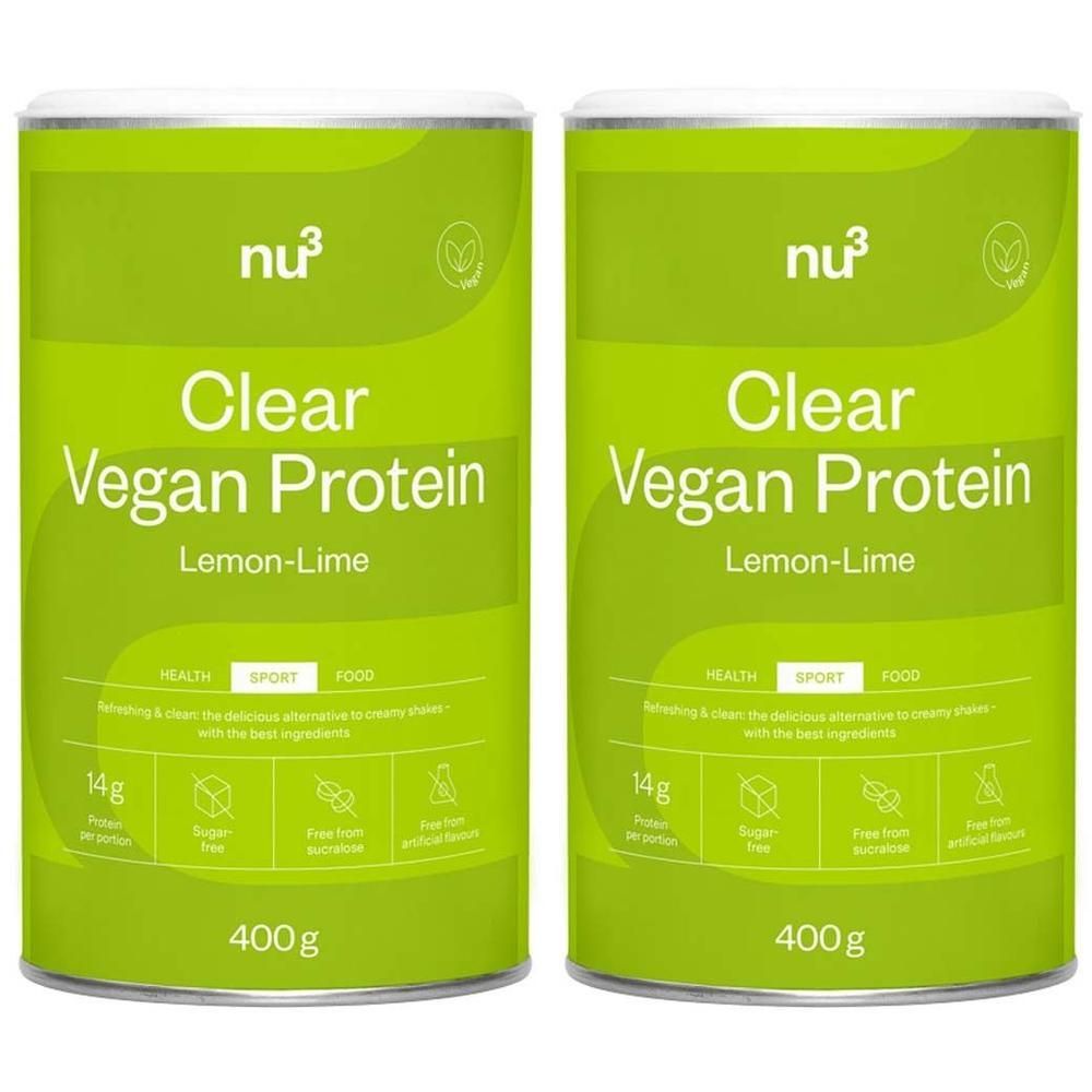 Deux boîtes de nu3 Clear Vegan Protein Citron-Citron Vert, 400g.