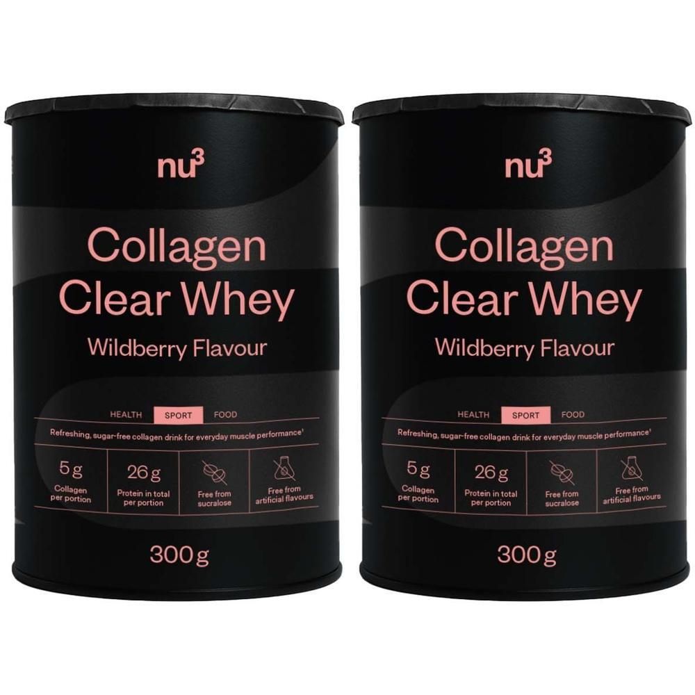 Twee blikken nu3 Collagen Clear Whey. Zwarte blikken met roze tekst. Bevat 300g. Wildberry smaak.