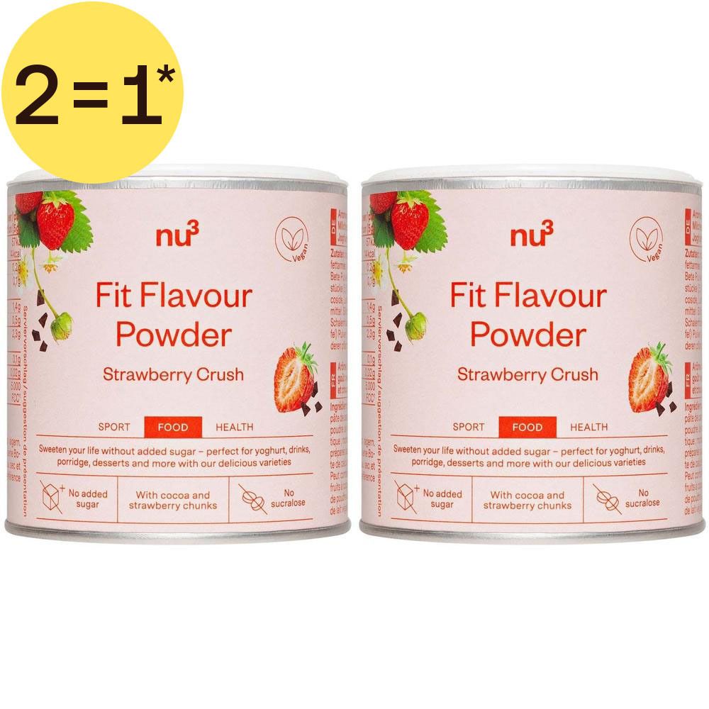 Deux boîtes de nu3 Fit Flavour Powder Strawberry Crush avec un design de fraises et éclats de chocolat.