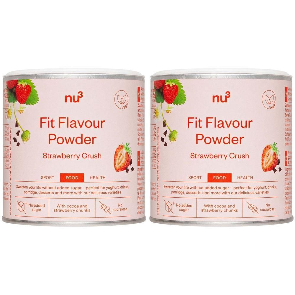 Deux boîtes de Fit Flavour Powder Erdbeer-Joghurt. Inscription : nu3, Fit Flavour Powder, Strawberry Crush. Illustrations de fraises et logos.