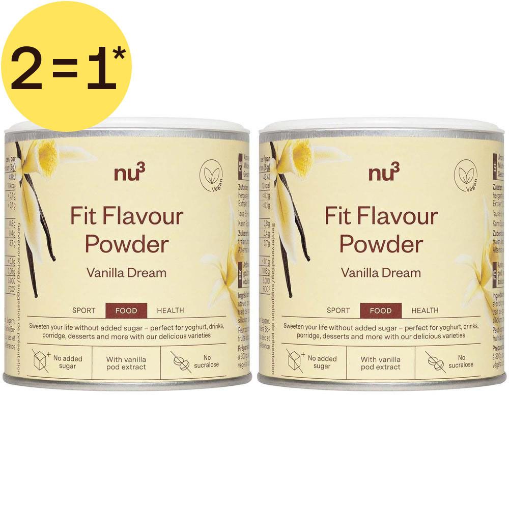 Deux boîtes de nu3 Fit Flavour Powder Vanilla Dream avec des gousses de vanille.