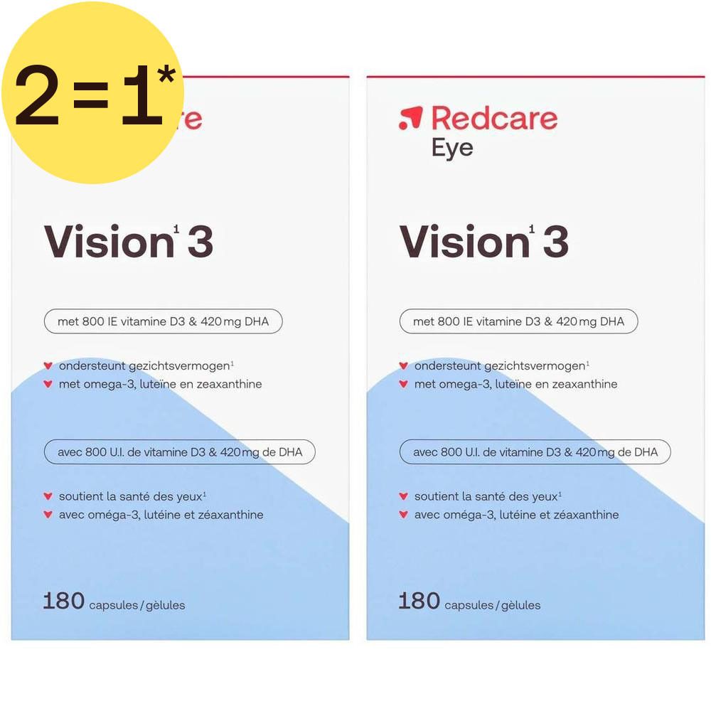 Voorkant van een verpakking Redcare Eye Vision 3 in het Nederlands, 180 capsules.