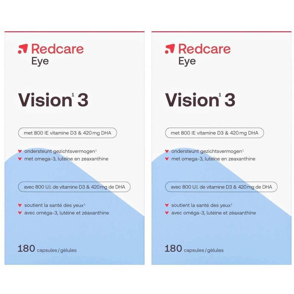 Deux boîtes de Redcare Eye Vision 3. Emballage blanc avec logo rouge et informations produit. Contient 180 gélules.