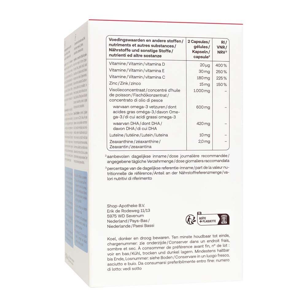 Dos de l'emballage Redcare Eye Vision 3. Contient des informations nutritionnelles et les coordonnées du fabricant.