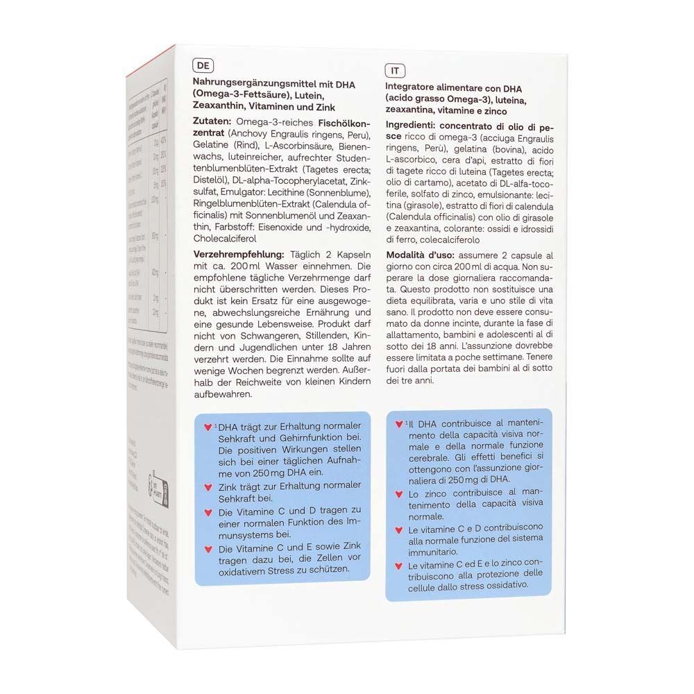 Côté de l'emballage Redcare Eye Vision 3. Contient des informations sur les ingrédients et l'utilisation en allemand et en italien.