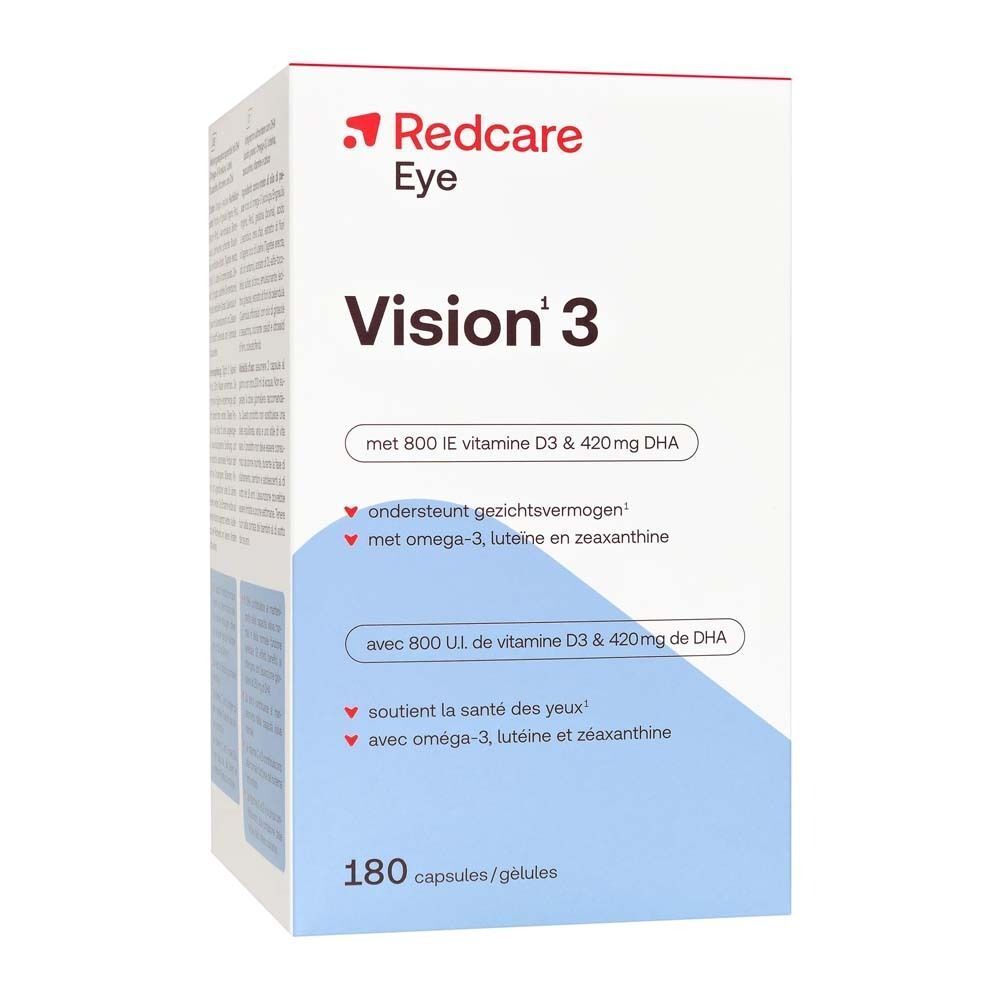 Emballage Redcare Eye Vision 3. Emballage blanc avec logo rouge et informations produit. Contient 180 gélules.