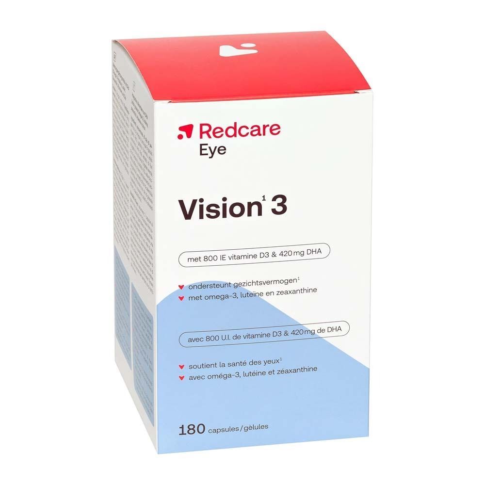 Emballage Redcare Eye Vision 3. Emballage blanc avec logo rouge et informations produit. Contient 180 gélules.