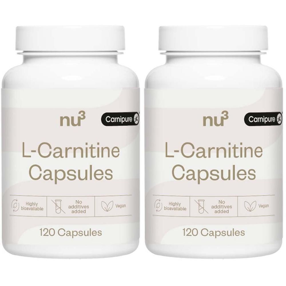 Deux flacons blancs avec étiquettes. Inscription: nu3 L-Carnitine Capsules, 120 capsules. Logos: hautement biodisponible, sans additifs, végétalien.