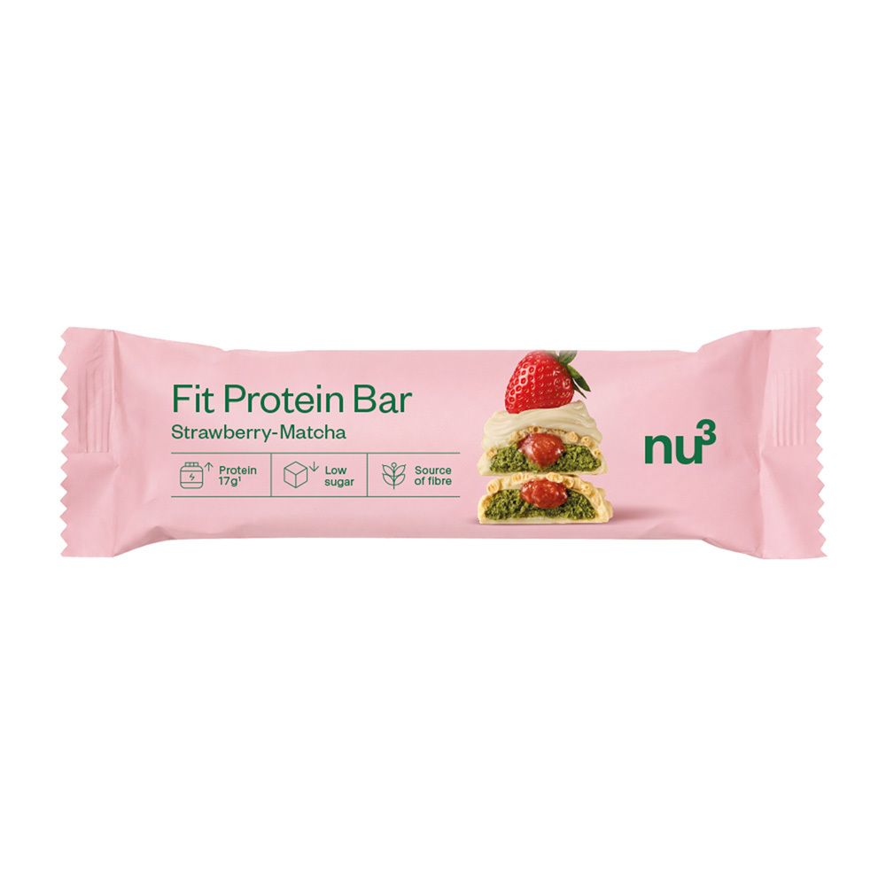 Verpakking van een nu3 Fit proteïnereep, Aardbei-Matcha, met productafbeelding en voedingswaarden.