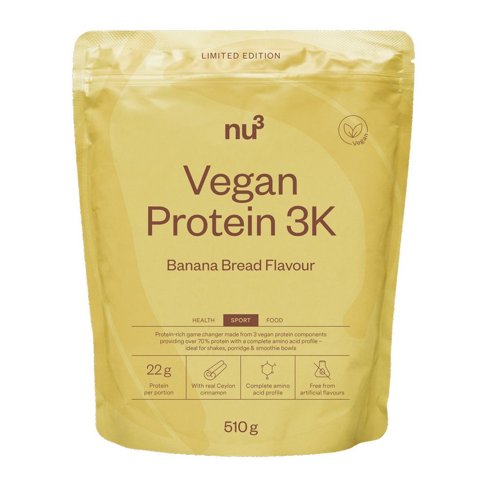 Sachet nu3 Vegan Protein 3K Saveur Banana Bread, 510g. Contient 22g de protéines par portion.