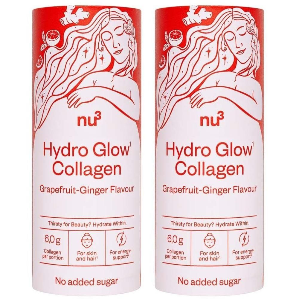 Deux boîtes de nu3 Hydro Glow Collagène, saveur pamplemousse-gingembre. Contient 6,0g de collagène par portion. Sans sucres ajoutés.