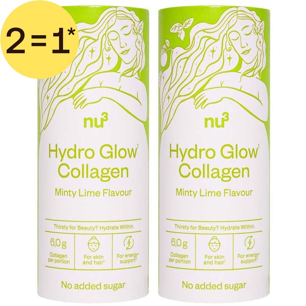 Deux boîtes de nu3 Hydro Glow Collagen, saveur menthe-citron vert. Sans sucres ajoutés.