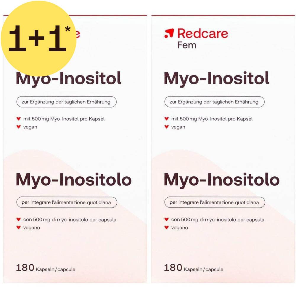 Twee verpakkingen Redcare Fem Myo-Inositol, 180 capsules. Voedingssupplement, 500mg myo-inositol per capsule, vegan.
