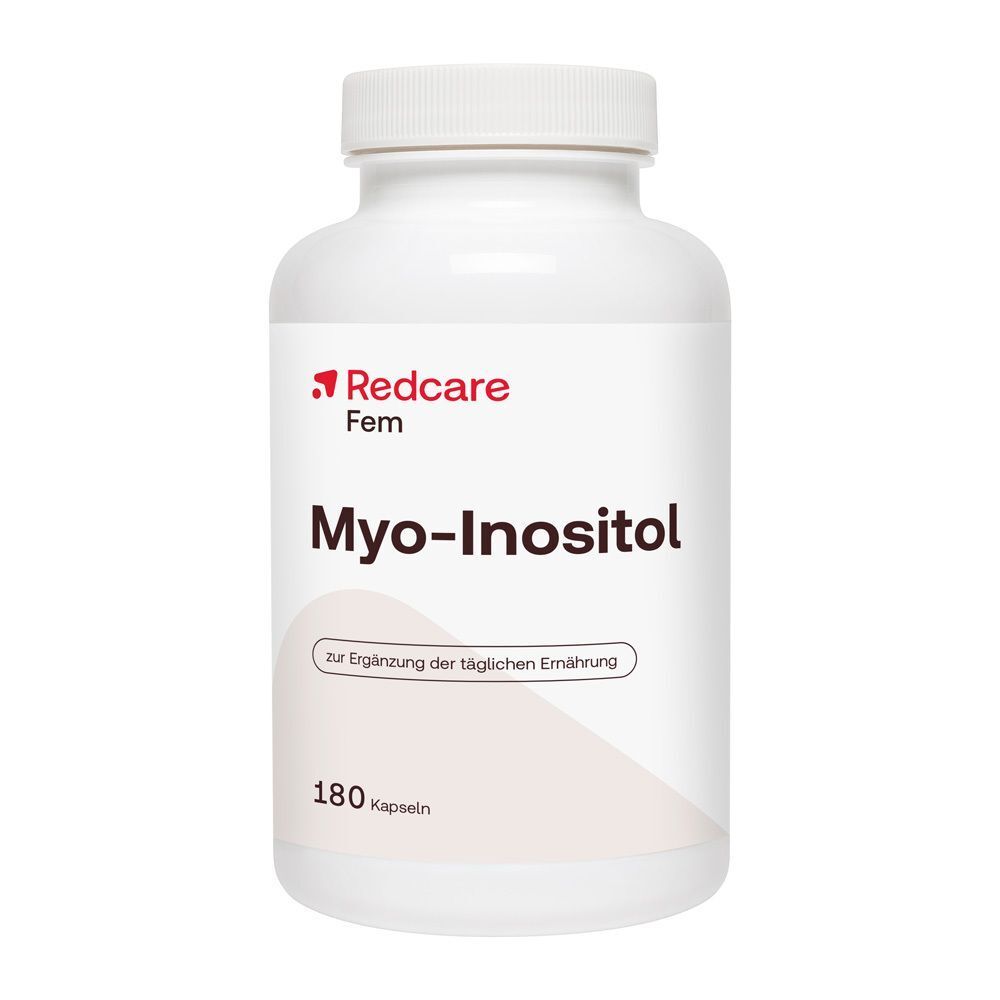 Flacon de capsules Redcare Fem Myo-Inositol, 180 capsules. Contient 500mg de myo-inositol par capsule.