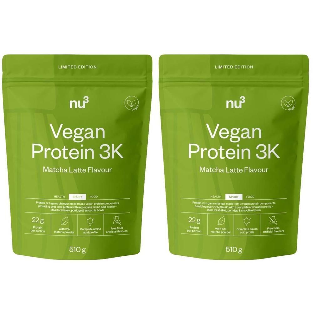 Deux sachets verts nu3 Vegan Protein 3K saveur Matcha Latte, 510g.