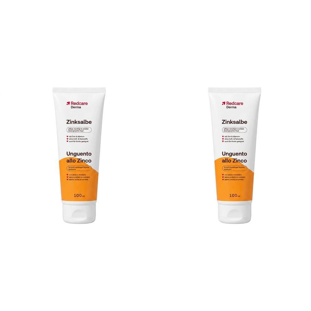 Twee tubes Redcare Derma Zinkzalf met oranje accent en opschrift.
