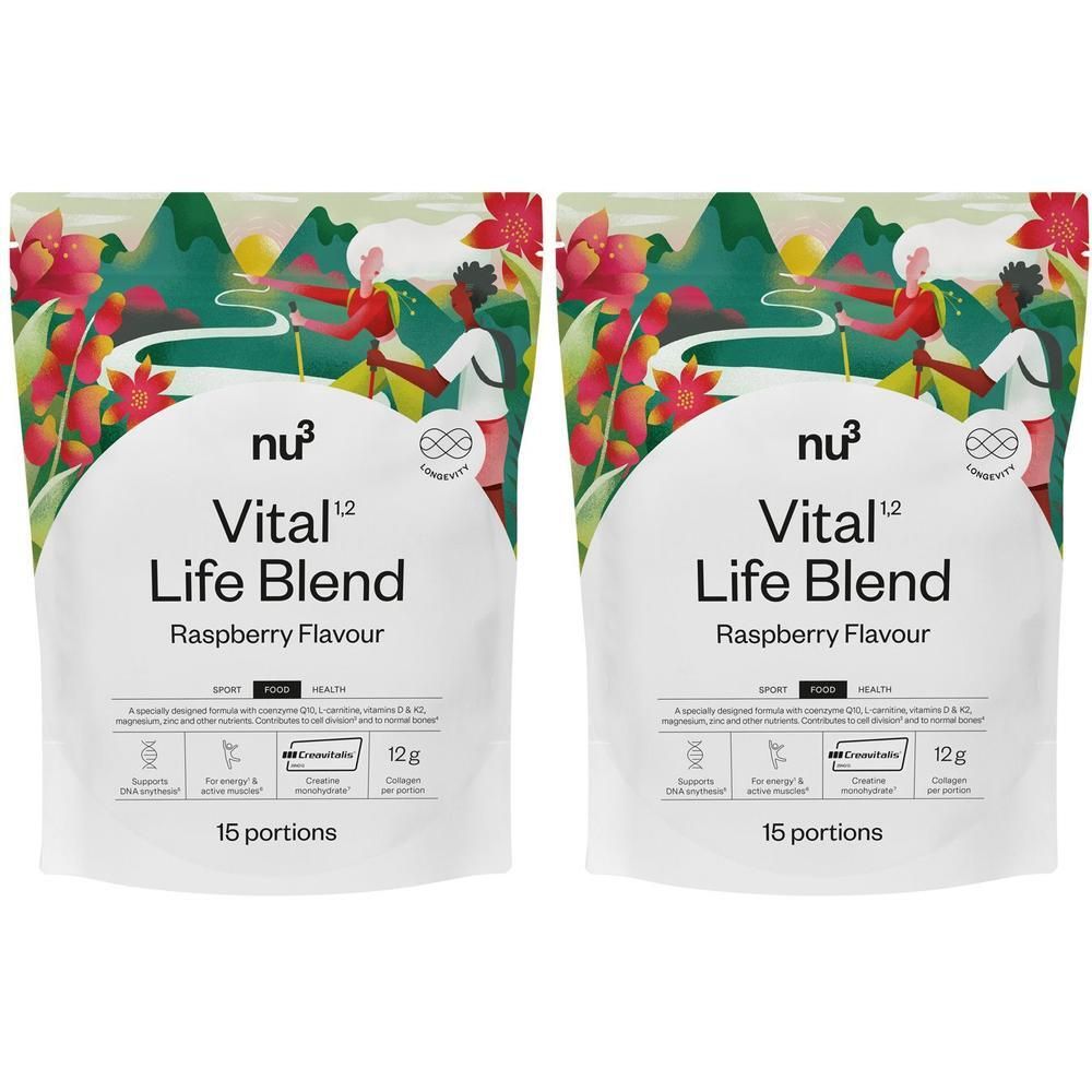 Deux sachets nu3 Vital Life Blend saveur framboise avec motif montagne et floral.