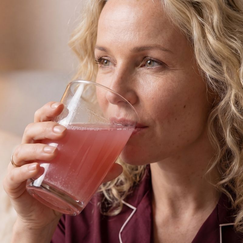 Gros plan d'une femme buvant un verre de boisson à la framboise.