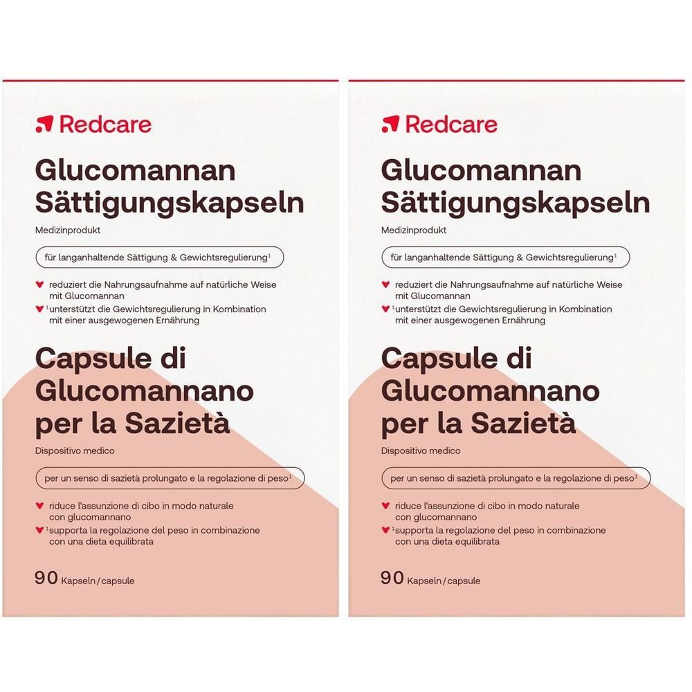 Twee verpakkingen Redcare Glucomannan verzadigingscapsules, 90 capsules per verpakking.