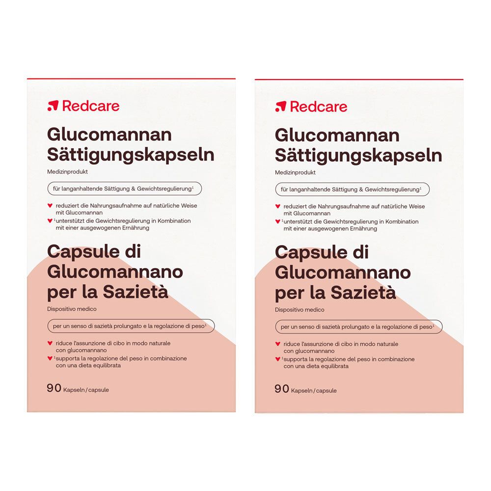 Twee verpakkingen Redcare Glucomannan verzadigingscapsules, 90 capsules per verpakking.