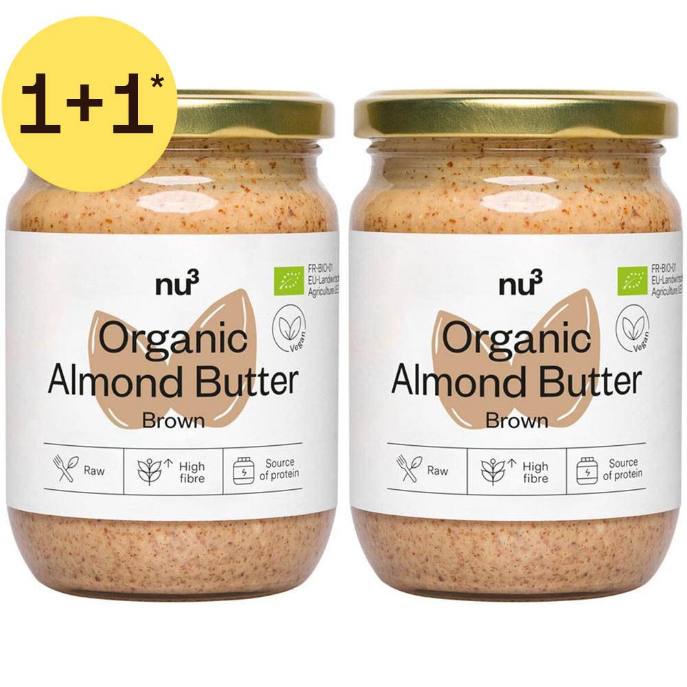Deux pots de beurre d'amande bio nu³ Brown, 100g chacun.