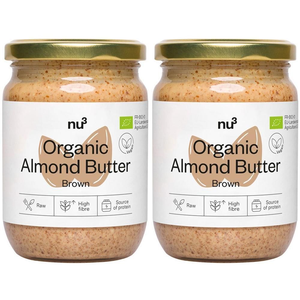 Deux pots de beurre d'amande bio nu3 Brown avec couvercle doré.