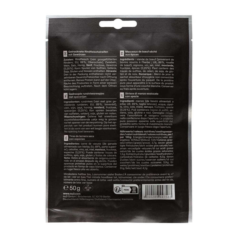 Arrière d'un paquet de nu3 Beef Jerky, Original. Valeurs nutritionnelles et ingrédients indiqués.