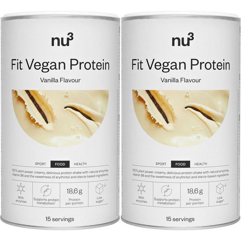Deux boîtes de nu3 Fit Vegan Protein Vanille avec image de gousses de vanille.