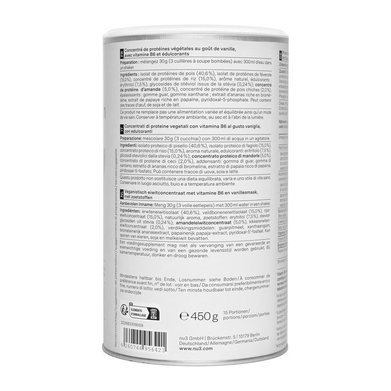 Arrière d'une boîte de nu3 Fit Vegan Protein avec tableau nutritionnel et liste d'ingrédients.