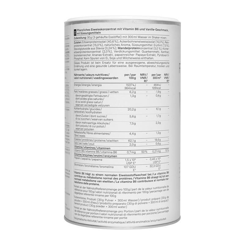 Arrière d'une boîte de nu3 Fit Vegan Protein avec tableau nutritionnel détaillé.