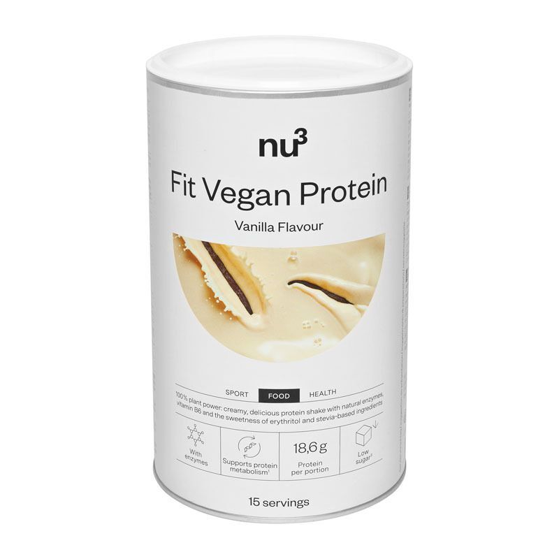 Une boîte de nu3 Fit Vegan Protein Vanille avec image de gousses de vanille.