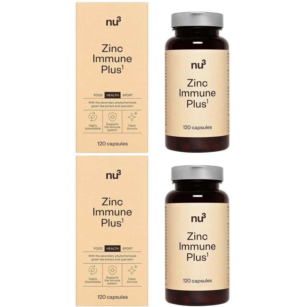 Twee verpakkingen en twee flessen nu3 Zink Immune Plus capsules.