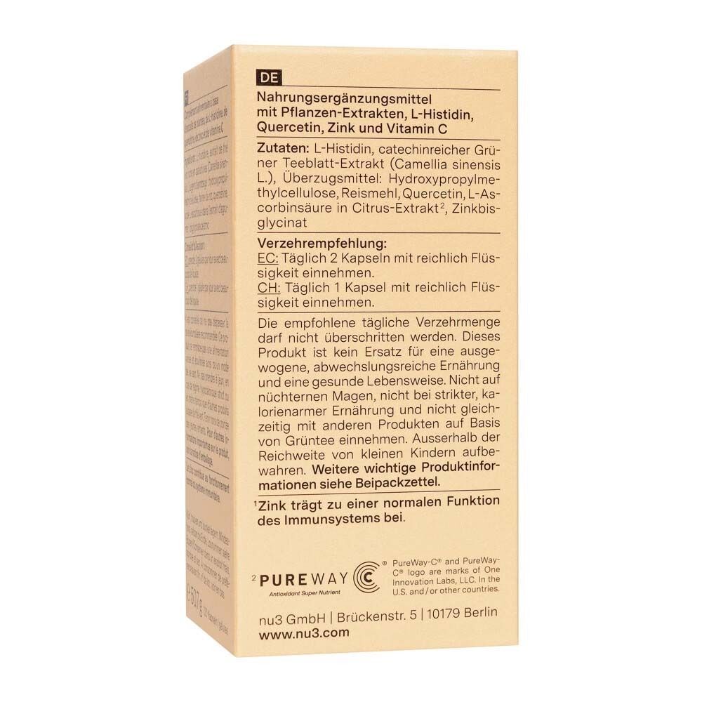 Zijaanzicht van een verpakking nu3 Zink Immune Plus met gebruiksinstructies en ingrediënten in het Duits.