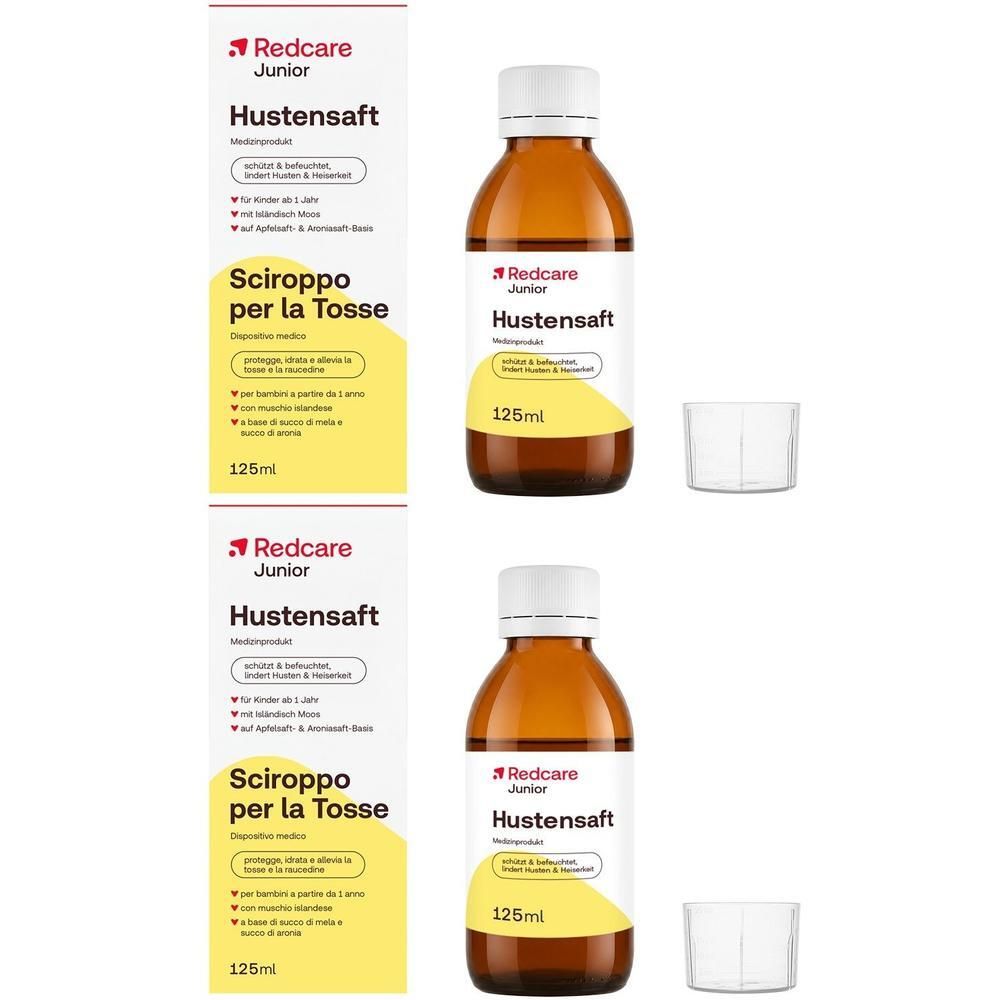 Deux flacons de sirop contre la toux Redcare Junior, 125ml, avec gobelets doseurs.