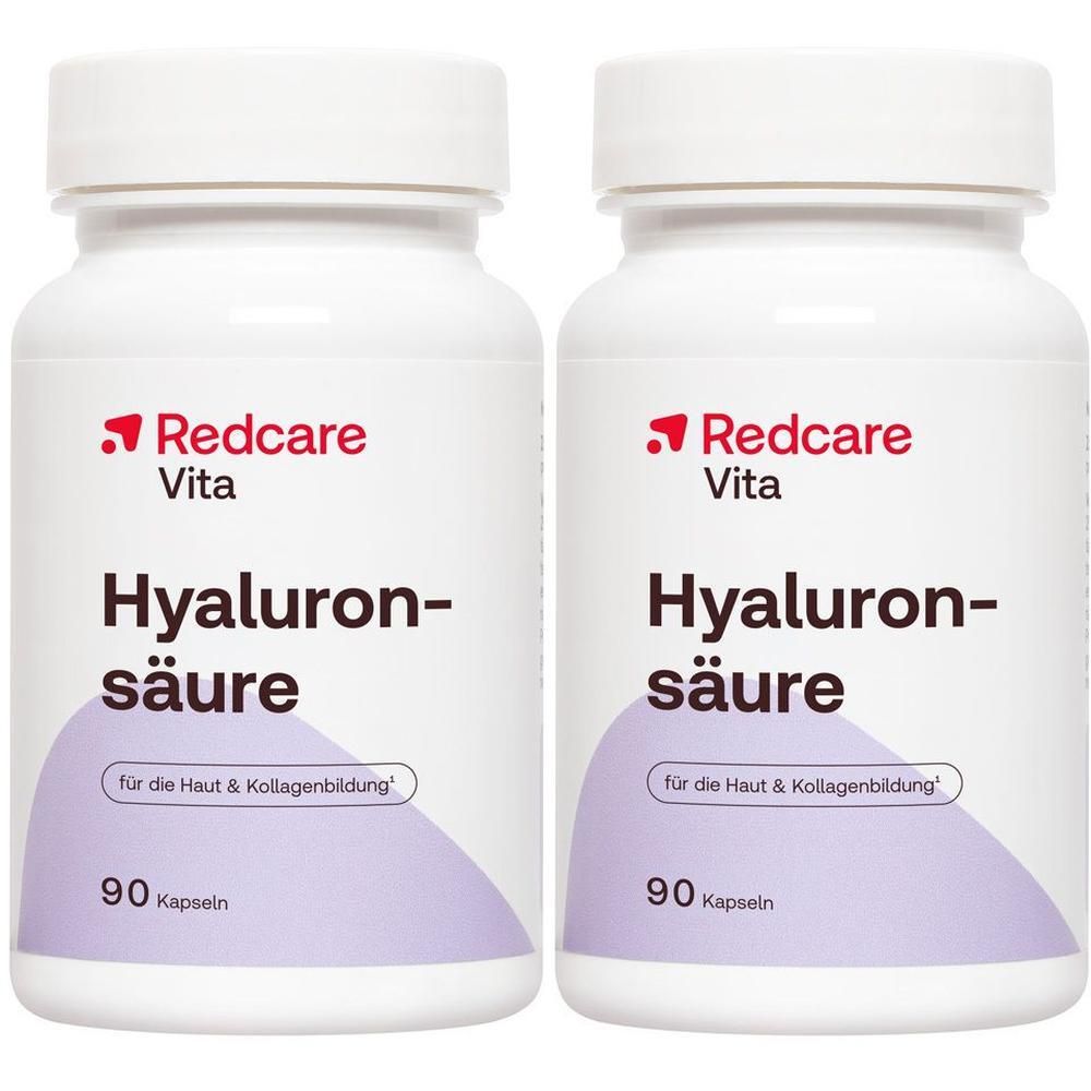 Twee verpakkingen Redcare Vita Hyaluronzuur capsules, elk 90 stuks. Voor huid & collageenvorming.