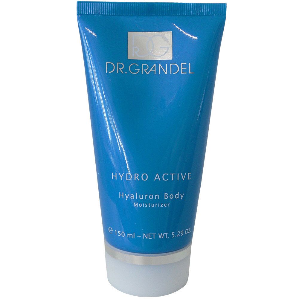 Tube bleue avec bouchon blanc. Inscription: DR. GRANDEL, HYDRO ACTIVE, Hyaluron Body Moisturizer. Volume: 150 ml.