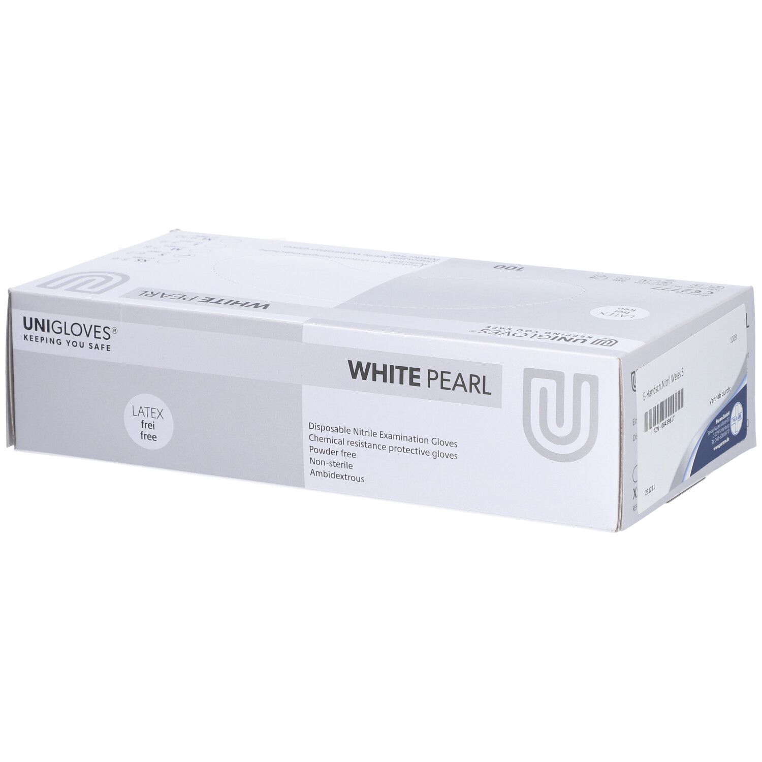 Boîte blanche avec logo UNIGLOVES et inscription WHITE PEARL. Sans latex. 100 gants d'examen jetables.