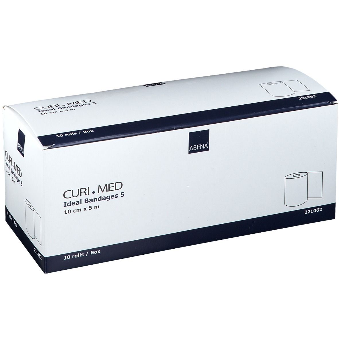 Witte doos CURI.MED Ideal Bandages 5, 10 cm x 5 m. 10 rollen/doos. ABENA logo.