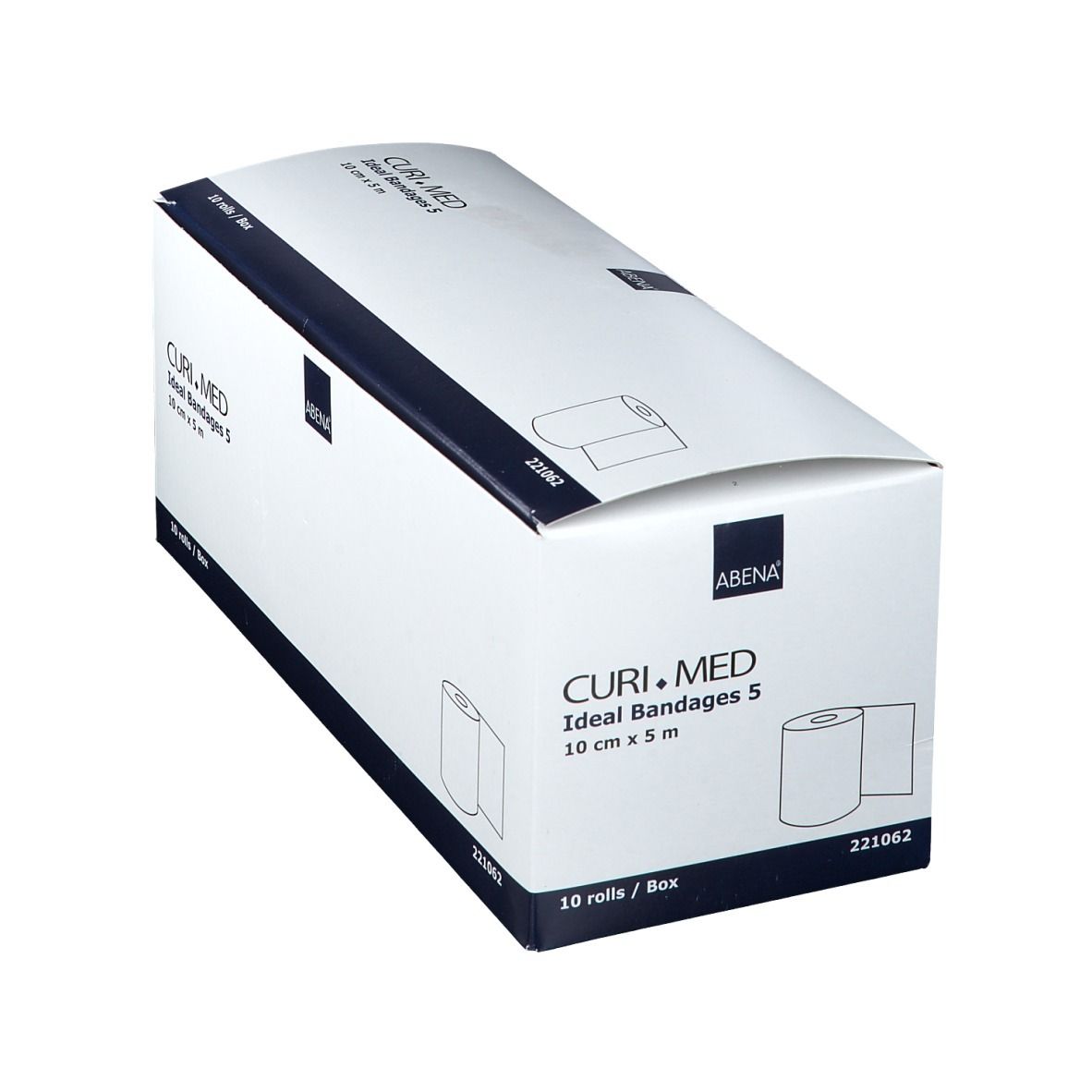 Schuine witte doos CURI.MED Ideal Bandages 5, 10 cm x 5 m. ABENA logo. 10 rollen/doos.