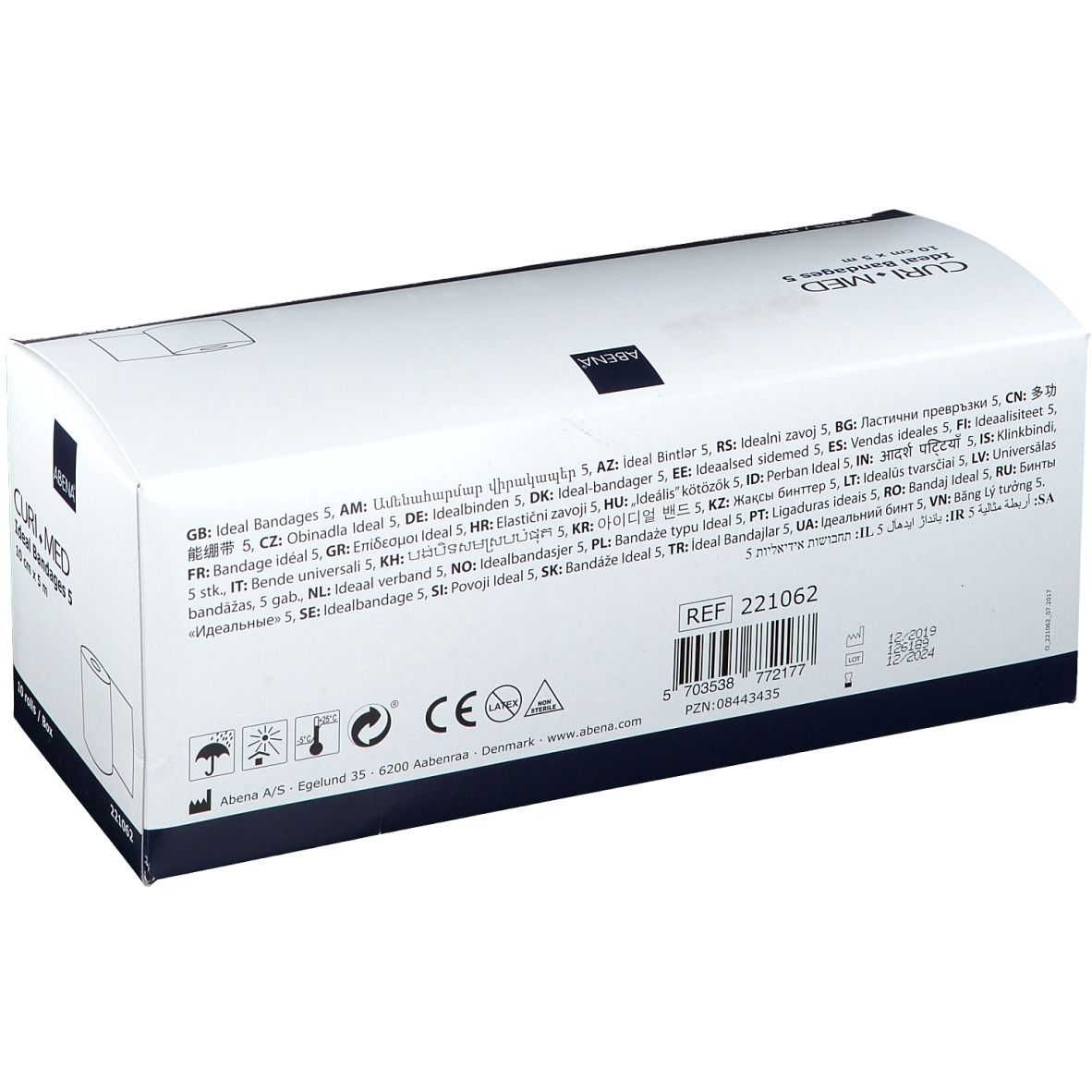 Achterkant witte doos CURI.MED Ideal Bandages 5. Meertalige tekst. ABENA logo. CE-markering.