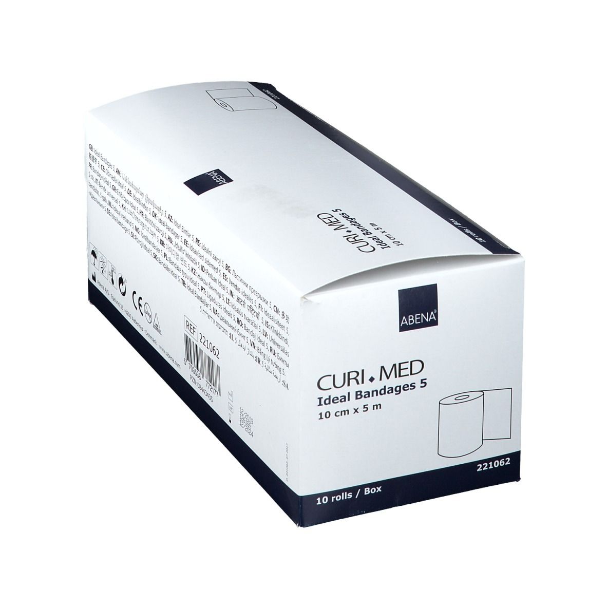 Schuine witte doos CURI.MED Ideal Bandages 5, 10 cm x 5 m. ABENA logo. 10 rollen/doos.