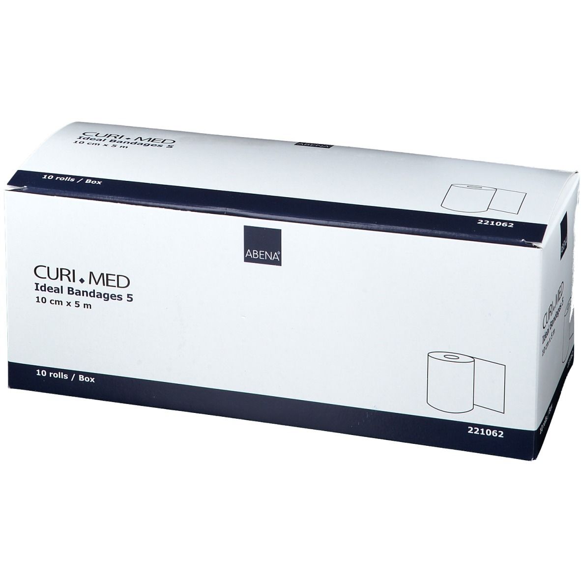 Schuine witte doos CURI.MED Ideal Bandages 5, 10 cm x 5 m. 10 rollen/doos. ABENA logo.