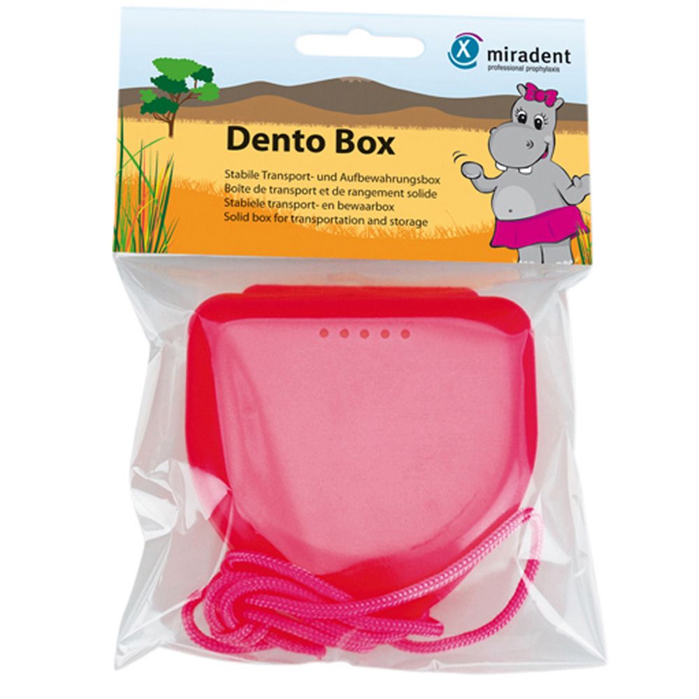 Roze opbergdoos met koord in plastic verpakking. Op de verpakking staat "Dento Box".
