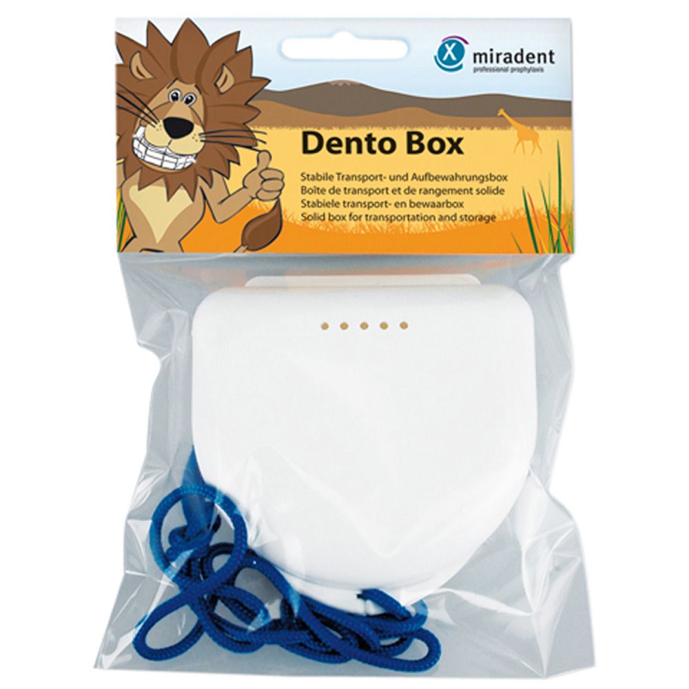 Boîte Dento blanche avec cordon bleu, emballée dans du plastique. Sur l'emballage: logo, nom du produit, texte en allemand, français, néerlandais et anglais.