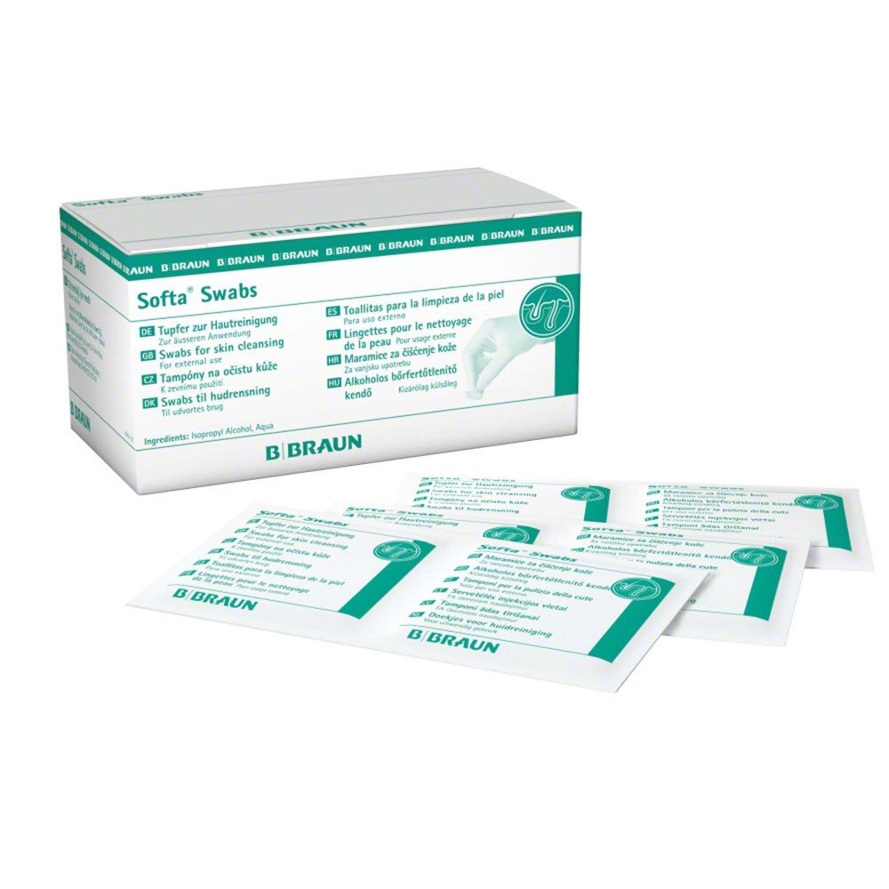 B. Braun Softa Swabs: Een pak met individueel verpakte swabs en een doos.
