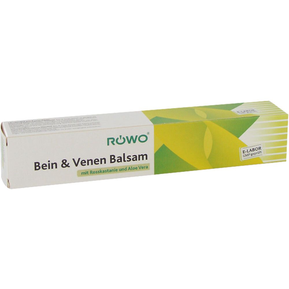 Witte doos met groen logo en tekst 'RÖWO Bein & Venen Balsam'.