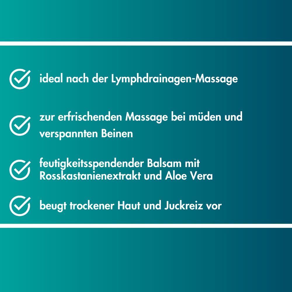 Liste des avantages : massage de drainage lymphatique, massage rafraîchissant, hydratant à l'extrait de marron d'Inde et à l'aloe vera, prévient la peau sèche.