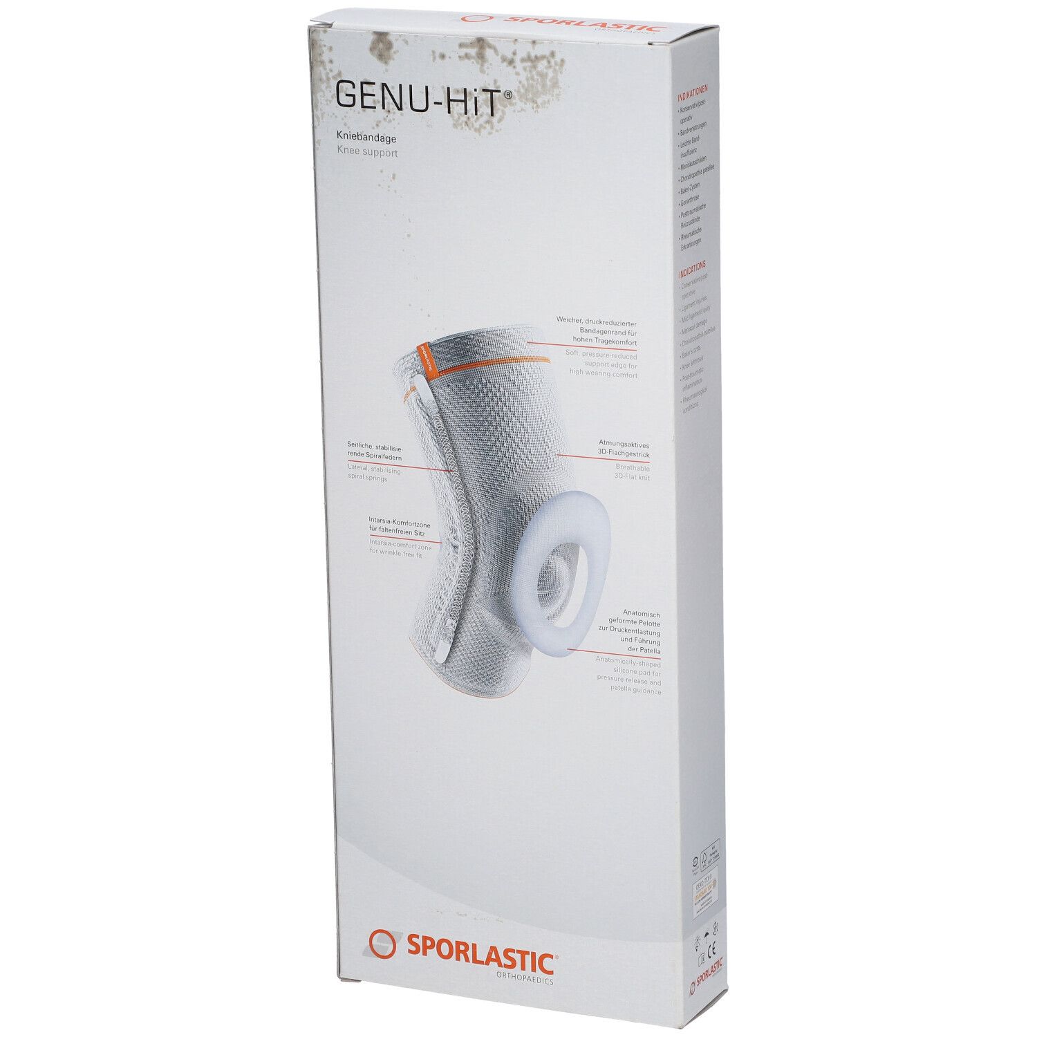 Verpakking van de Genu-Hit kniebrace. Merk Sporlastic. Productillustratie met details. Grijze kniebrace met oranje accenten.