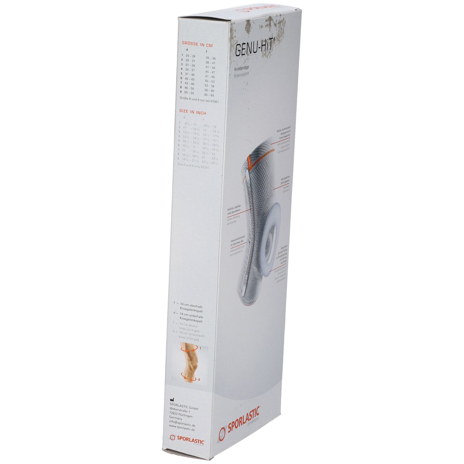 Verpakking van de Genu-Hit kniebrace. Merk Sporlastic. Maatinformatie. Grijze kniebrace met oranje accenten.