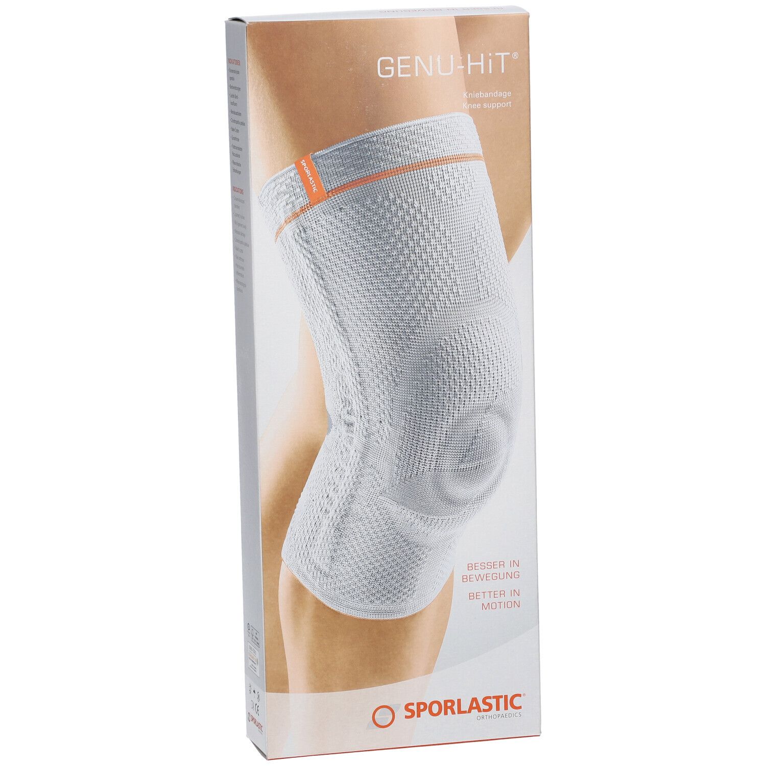 Genu-Hit kniebrace, merk Sporlastic. Grijze kniebrace met oranje accenten. Op een beenillustratie.